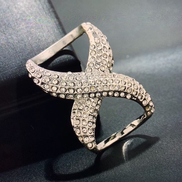 RHINESTONE  SCARF DOUBLE RING SILVER - Picture 4 of 4